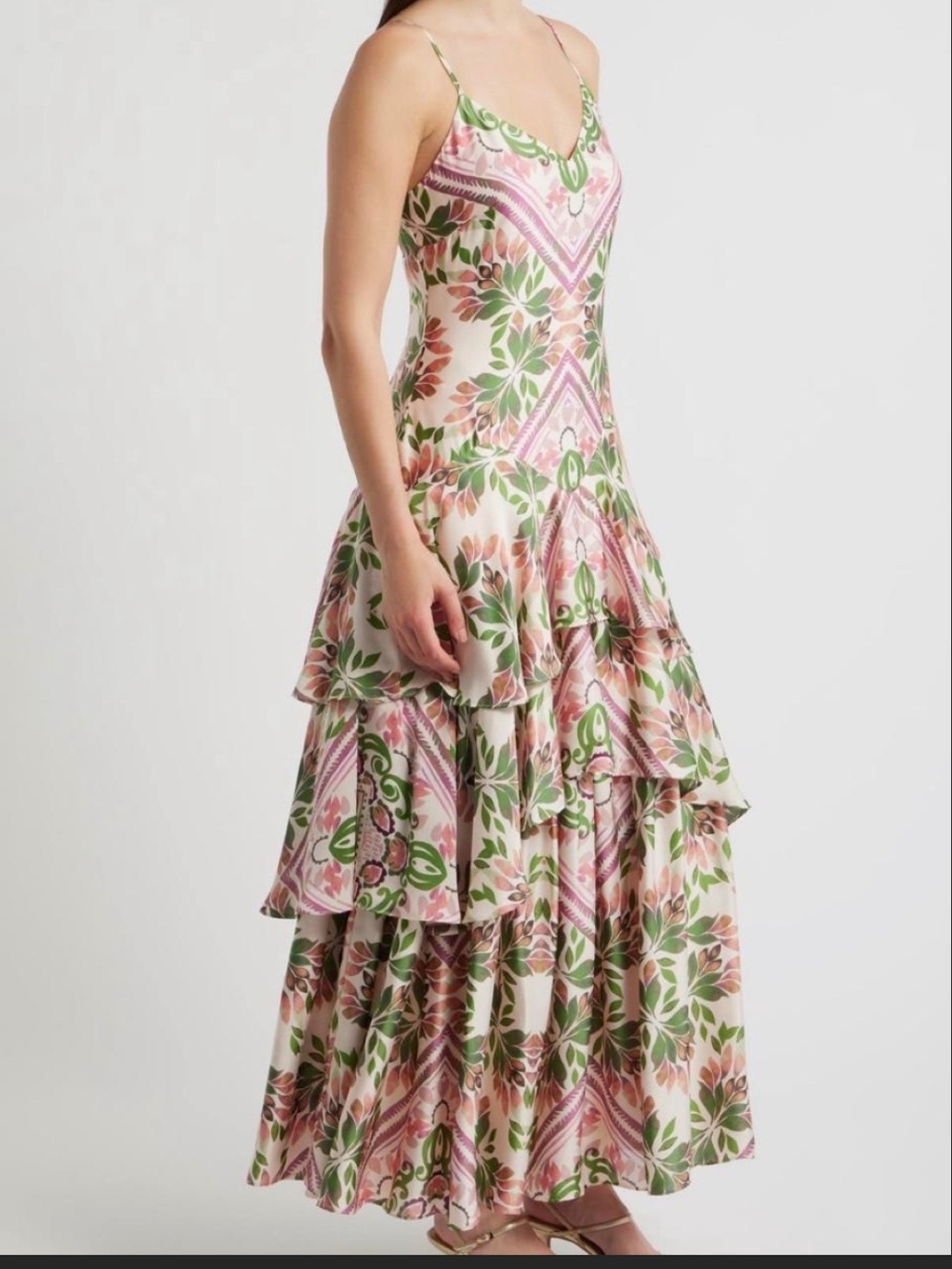Nwt Size 6 $200 Parker Pink & Green Floral Tiered Maxi Dress